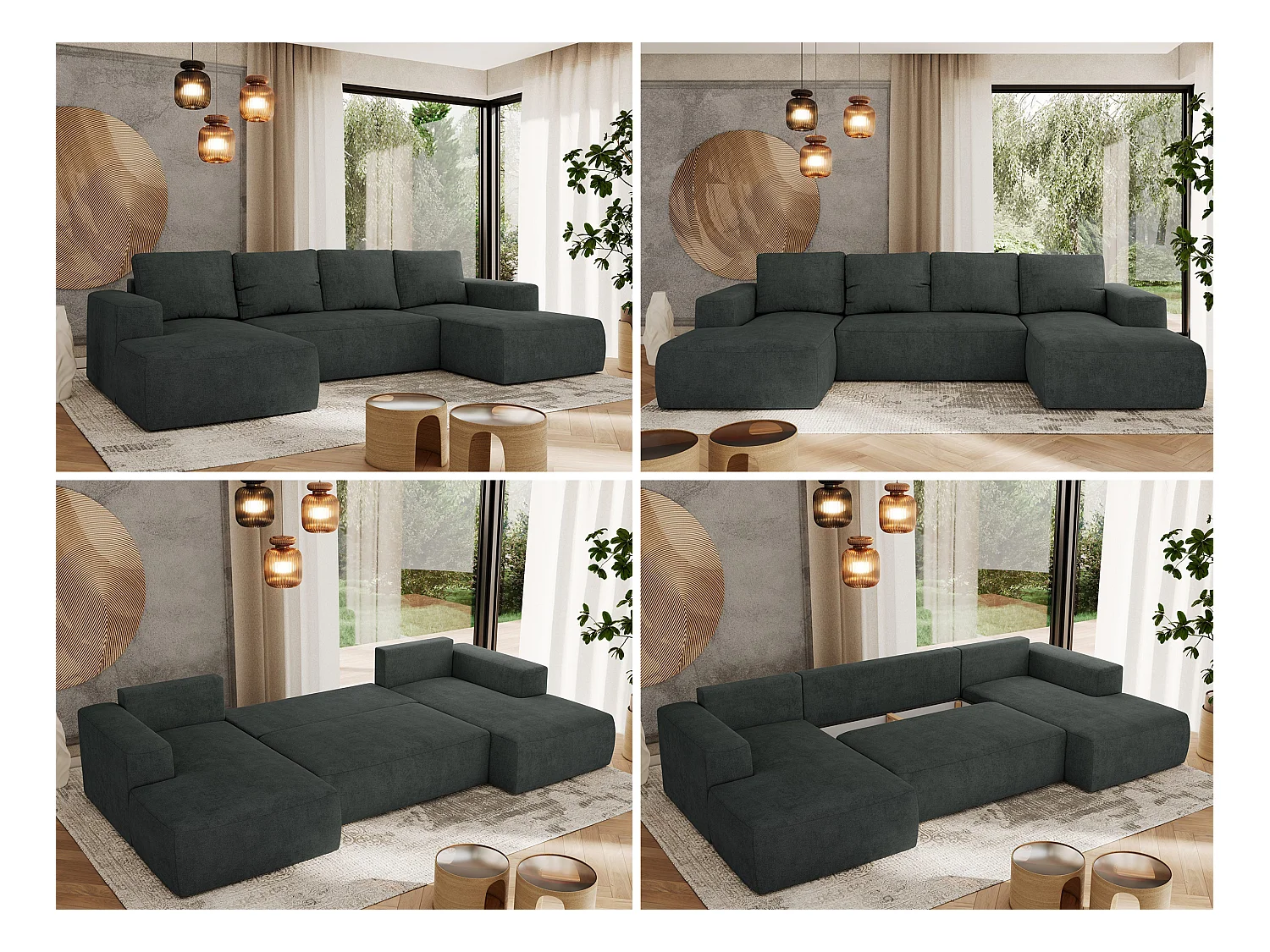 Ecksofa TRENTINO U - mit Schlaffunktion und Bettkasten, U-förmiges Wohnlandschaft, Armlehnen - Dunkelgrau Strukture