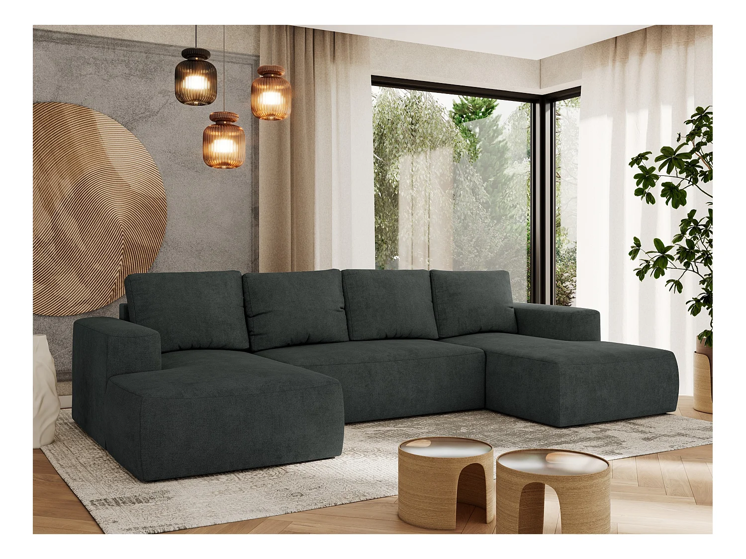 Ecksofa TRENTINO U - mit Schlaffunktion und Bettkasten, U-förmiges Wohnlandschaft, Armlehnen - Dunkelgrau Strukture