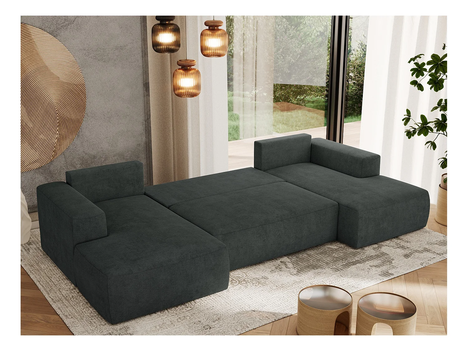 Ecksofa TRENTINO U - mit Schlaffunktion und Bettkasten, U-förmiges Wohnlandschaft, Armlehnen - Dunkelgrau Strukture
