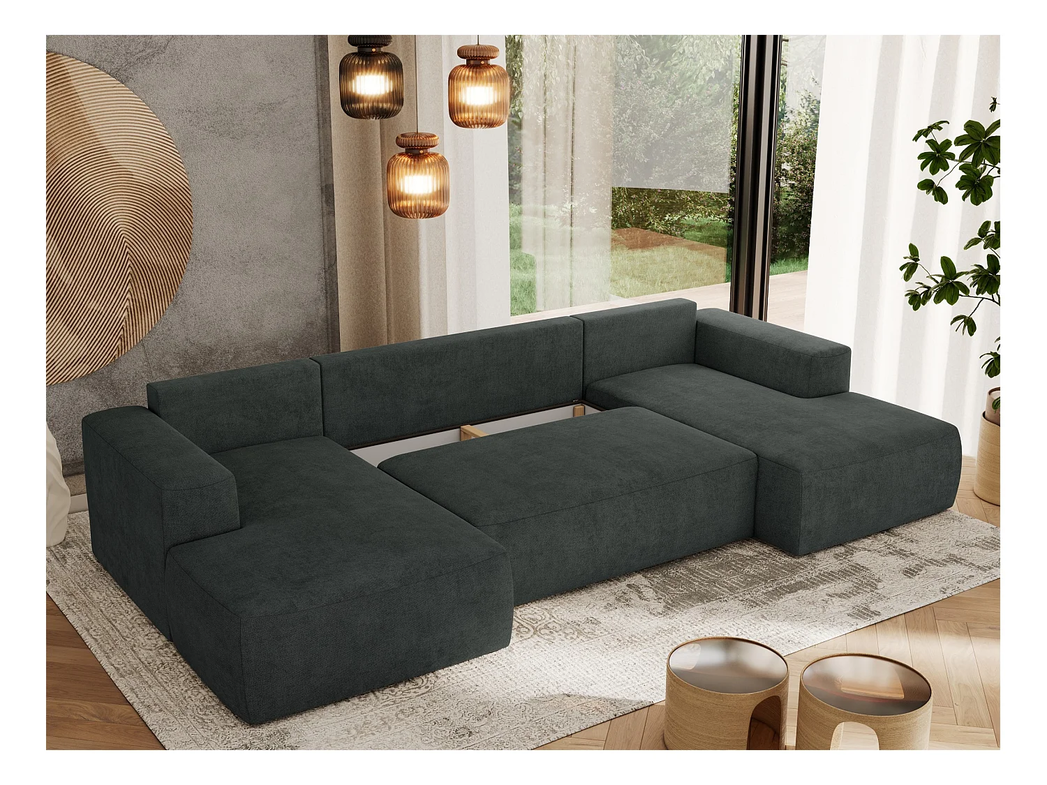Ecksofa TRENTINO U - mit Schlaffunktion und Bettkasten, U-förmiges Wohnlandschaft, Armlehnen - Dunkelgrau Strukture