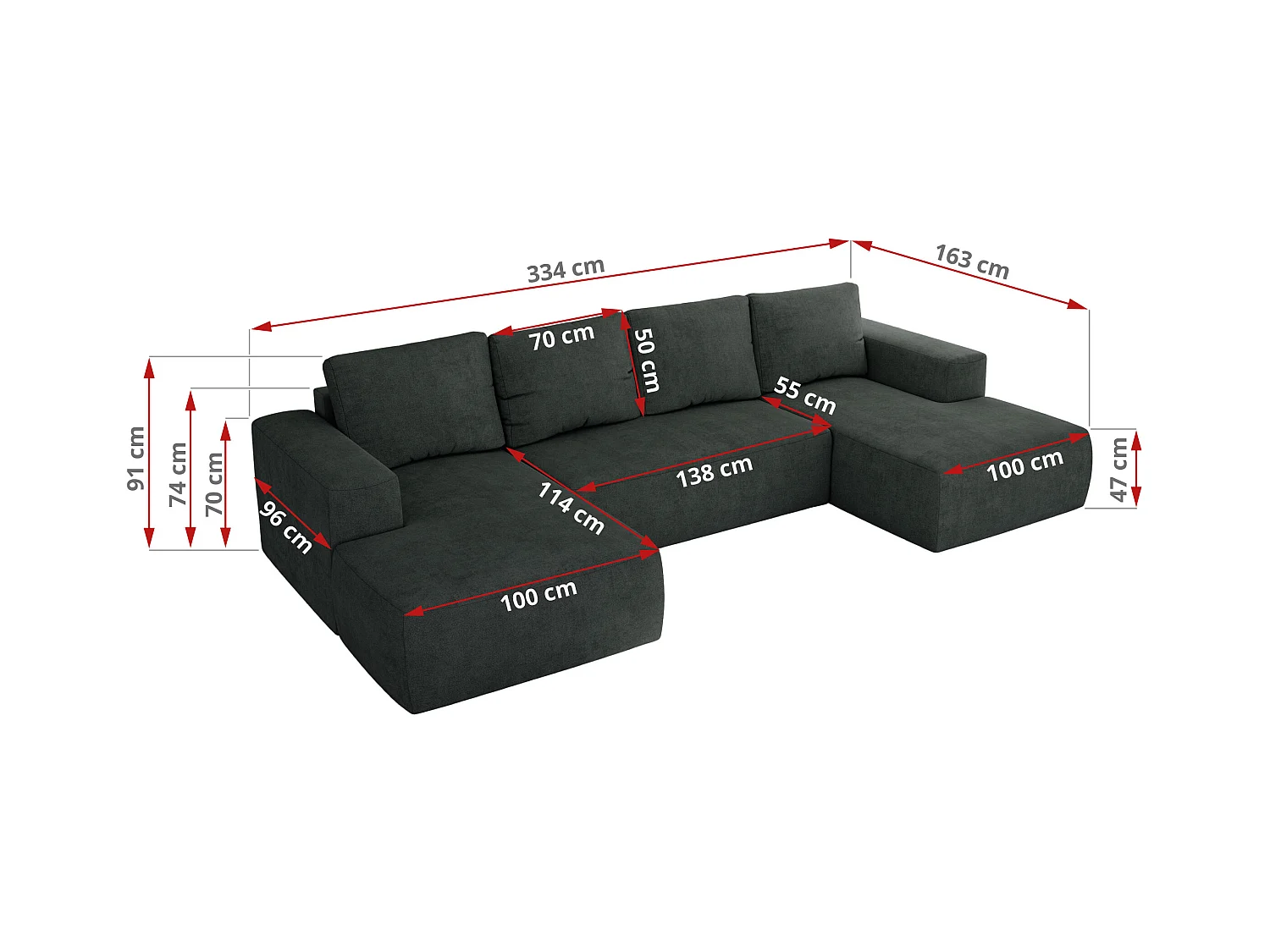 Ecksofa TRENTINO U - mit Schlaffunktion und Bettkasten, U-förmiges Wohnlandschaft, Armlehnen - Dunkelgrau Strukture