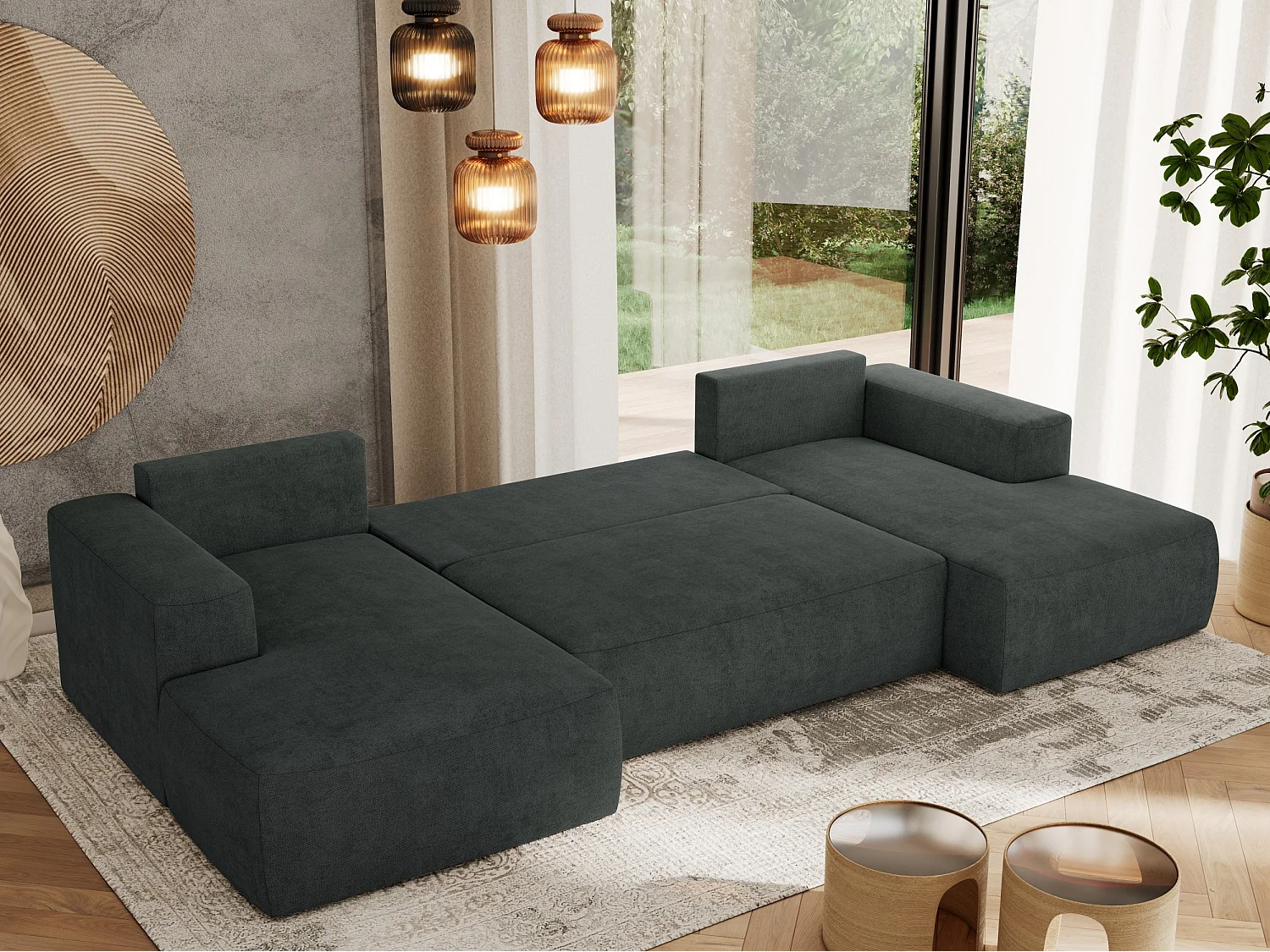 Ecksofa TRENTINO U - mit Schlaffunktion und Bettkasten, U-förmiges Wohnlandschaft, Armlehnen - Dunkelgrau Strukture