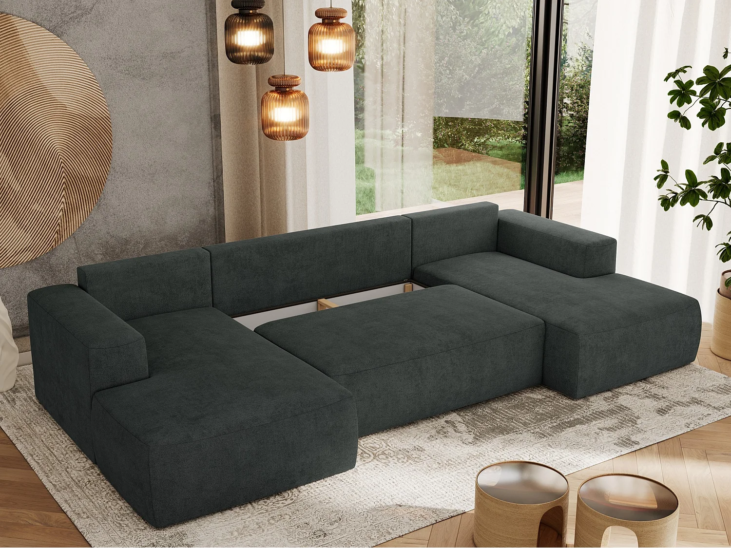 Ecksofa TRENTINO U - mit Schlaffunktion und Bettkasten, U-förmiges Wohnlandschaft, Armlehnen - Dunkelgrau Strukture