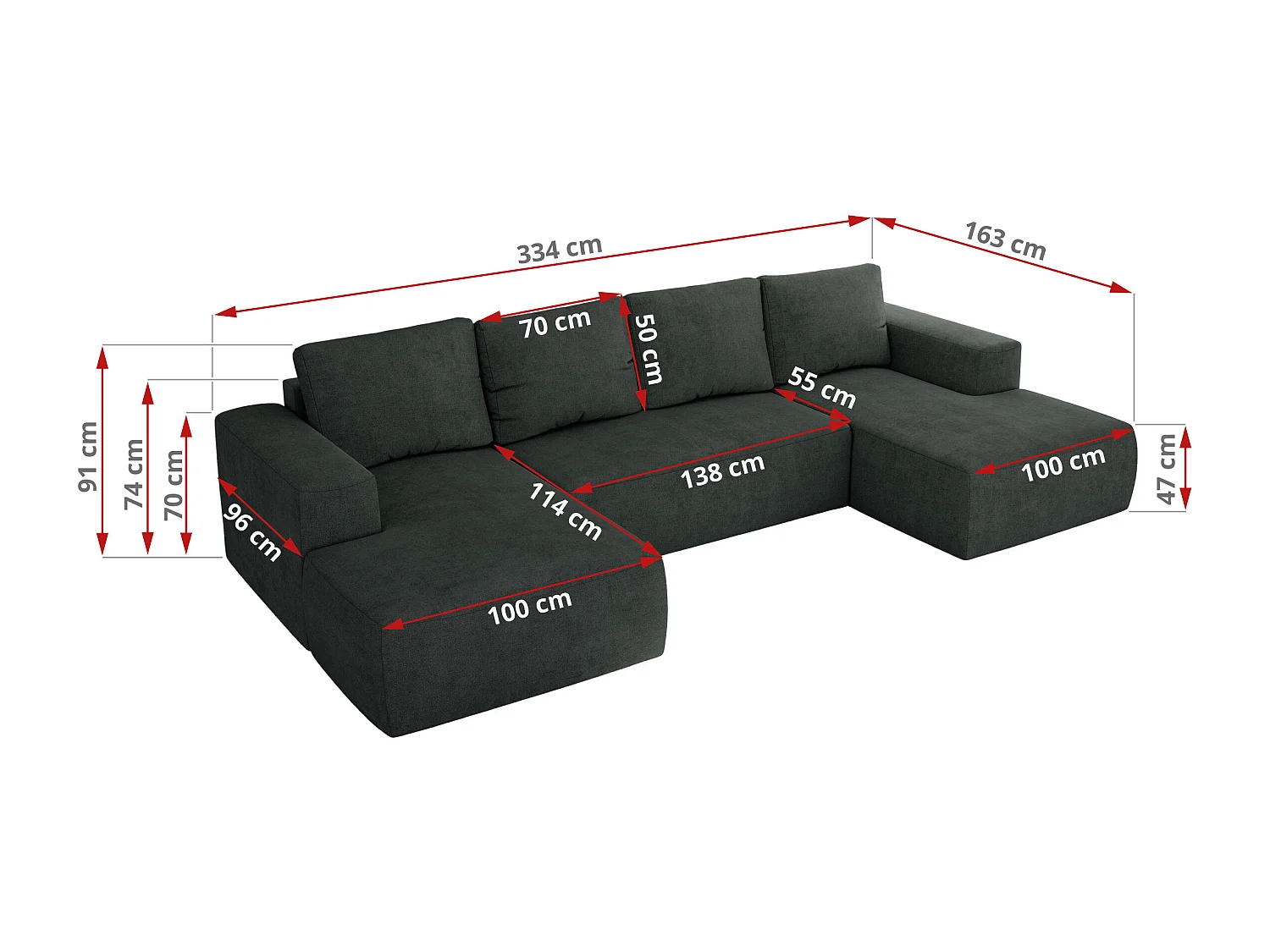 Ecksofa TRENTINO U - mit Schlaffunktion und Bettkasten, U-förmiges Wohnlandschaft, Armlehnen - Dunkelgrau Strukture