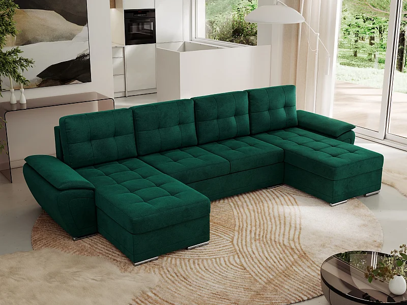 Ecksofa UMBRIA U - XXL Wohnlandschaft, mit Schlaffunktion und Bettkasten, genähte Ecke - Dunkelgrün Velvet