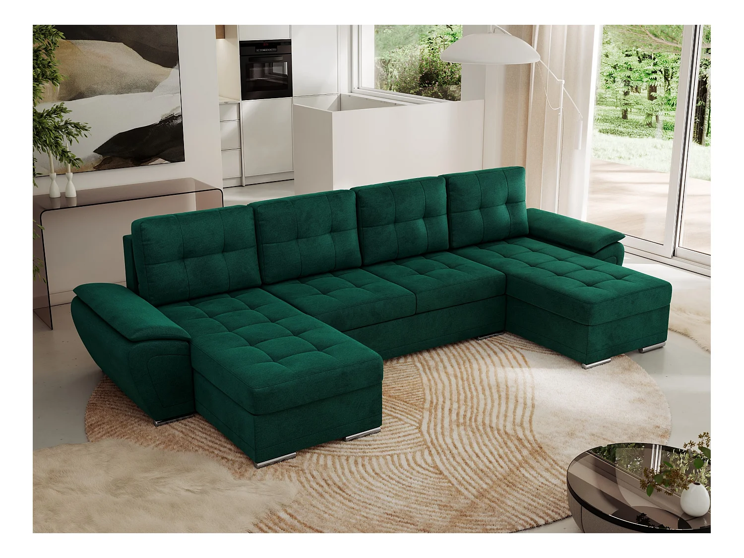 Ecksofa UMBRIA U - XXL Wohnlandschaft, mit Schlaffunktion und Bettkasten, genähte Ecke - Dunkelgrün Velvet