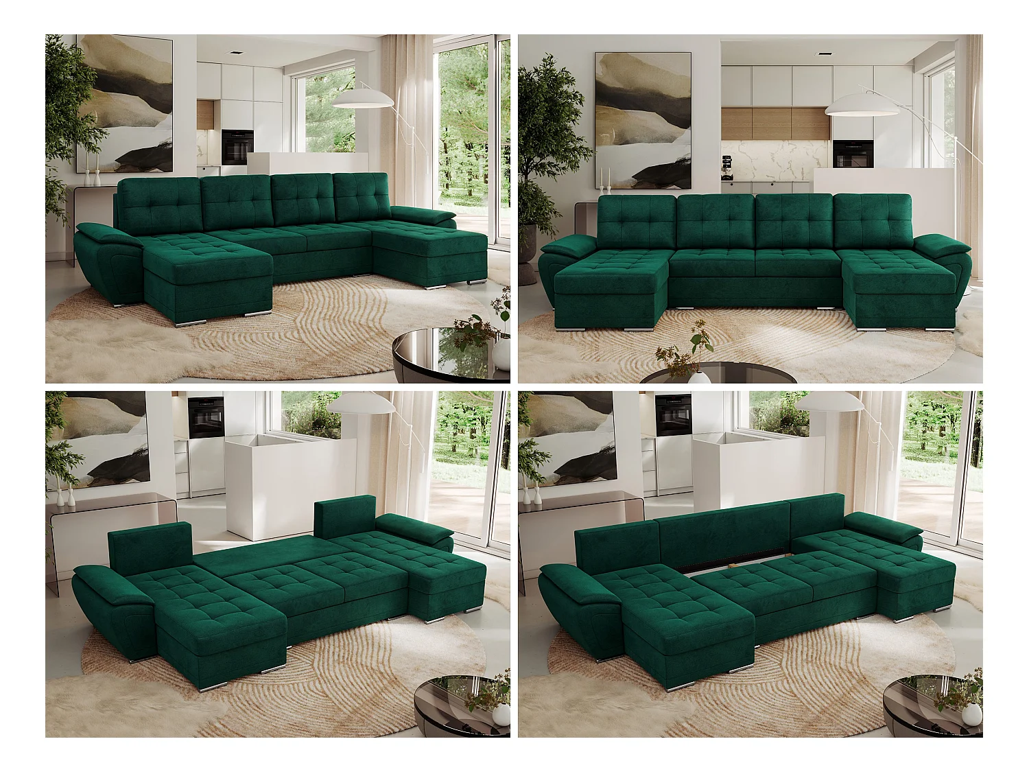 Ecksofa UMBRIA U - XXL Wohnlandschaft, mit Schlaffunktion und Bettkasten, genähte Ecke - Dunkelgrün Velvet