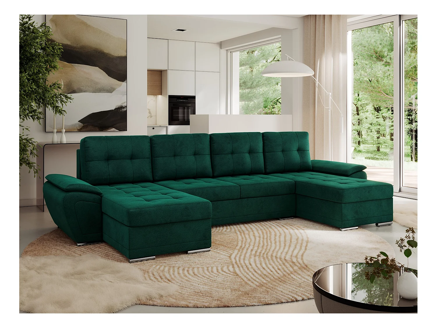 Ecksofa UMBRIA U - XXL Wohnlandschaft, mit Schlaffunktion und Bettkasten, genähte Ecke - Dunkelgrün Velvet