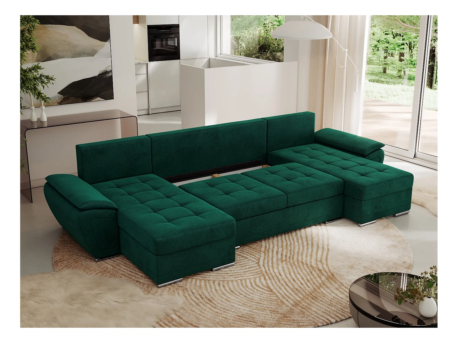 Ecksofa UMBRIA U - XXL Wohnlandschaft, mit Schlaffunktion und Bettkasten, genähte Ecke - Dunkelgrün Velvet