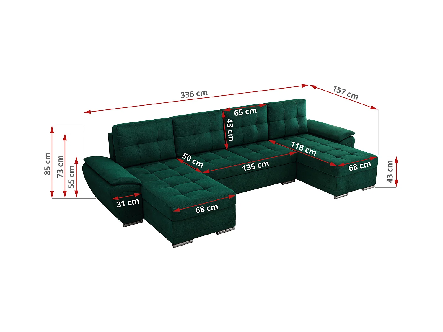 Ecksofa UMBRIA U - XXL Wohnlandschaft, mit Schlaffunktion und Bettkasten, genähte Ecke - Dunkelgrün Velvet