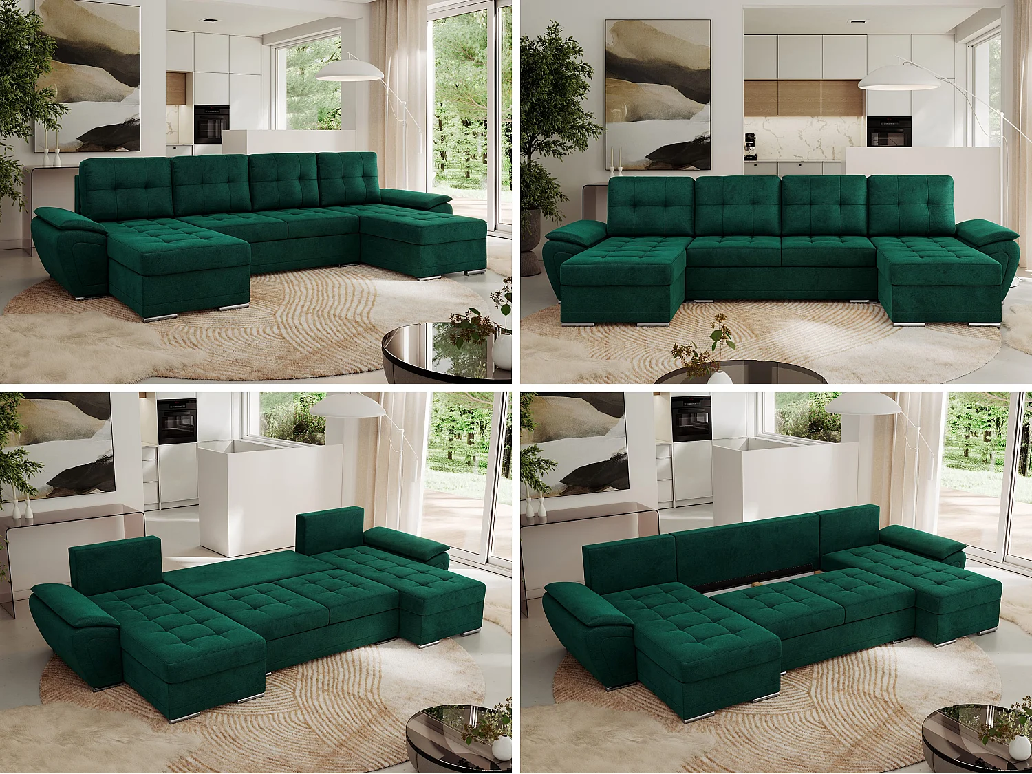 Ecksofa UMBRIA U - XXL Wohnlandschaft, mit Schlaffunktion und Bettkasten, genähte Ecke - Dunkelgrün Velvet