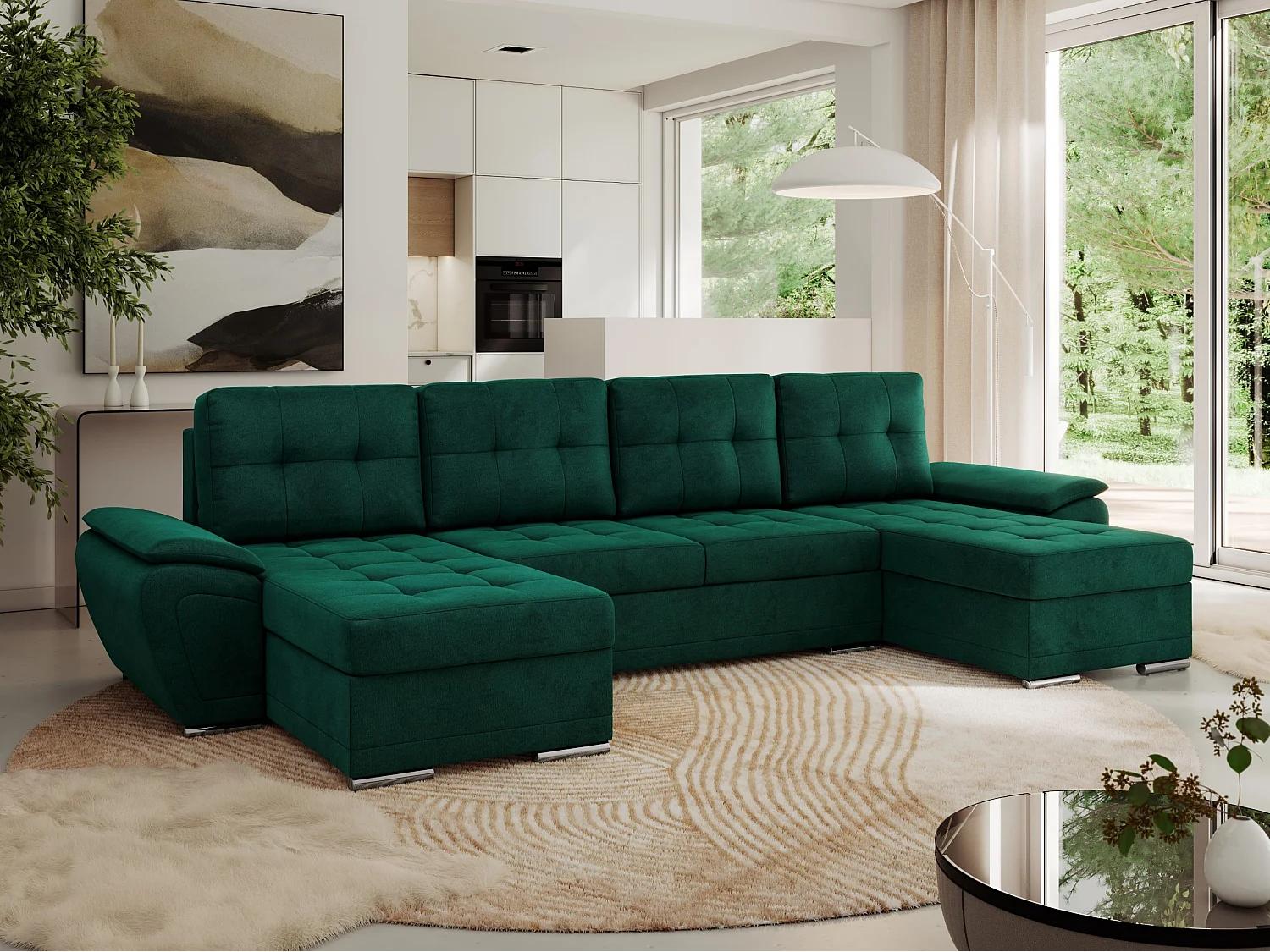 Ecksofa UMBRIA U - XXL Wohnlandschaft, mit Schlaffunktion und Bettkasten, genähte Ecke - Dunkelgrün Velvet