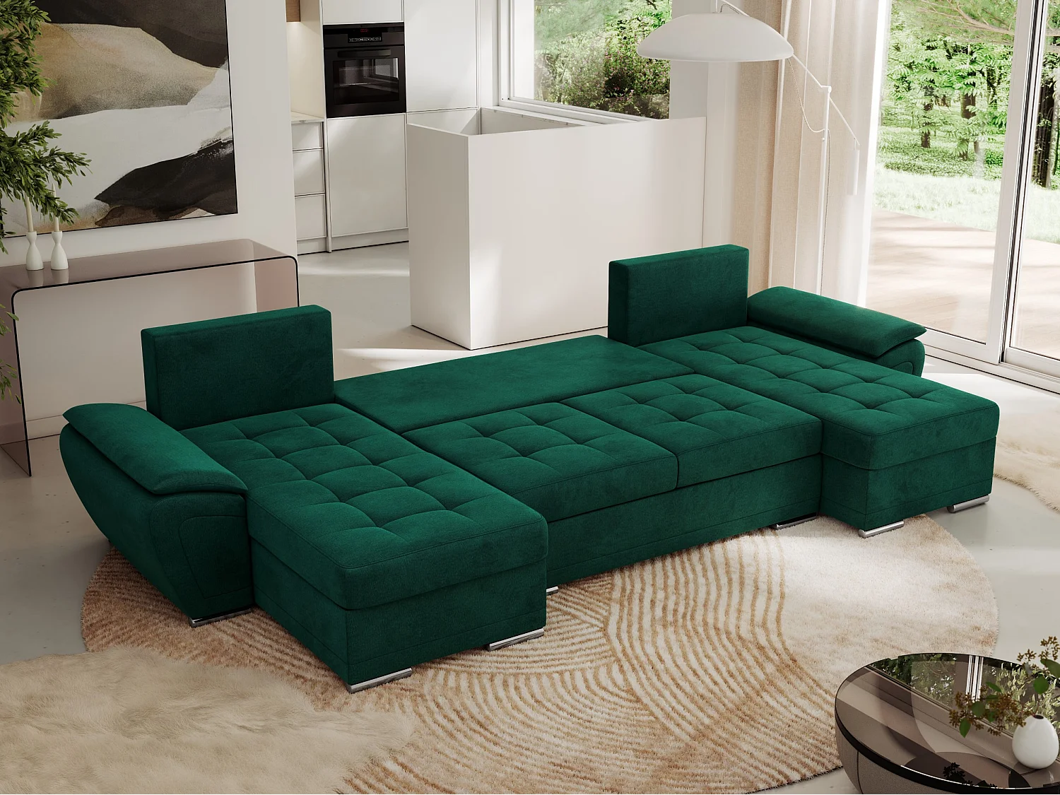 Ecksofa UMBRIA U - XXL Wohnlandschaft, mit Schlaffunktion und Bettkasten, genähte Ecke - Dunkelgrün Velvet