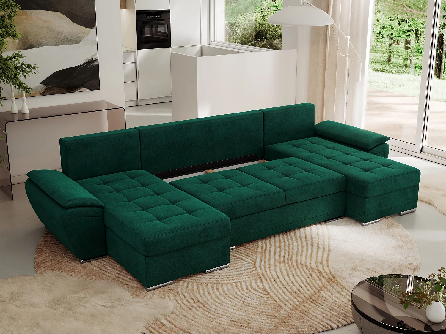 Ecksofa UMBRIA U - XXL Wohnlandschaft, mit Schlaffunktion und Bettkasten, genähte Ecke - Dunkelgrün Velvet