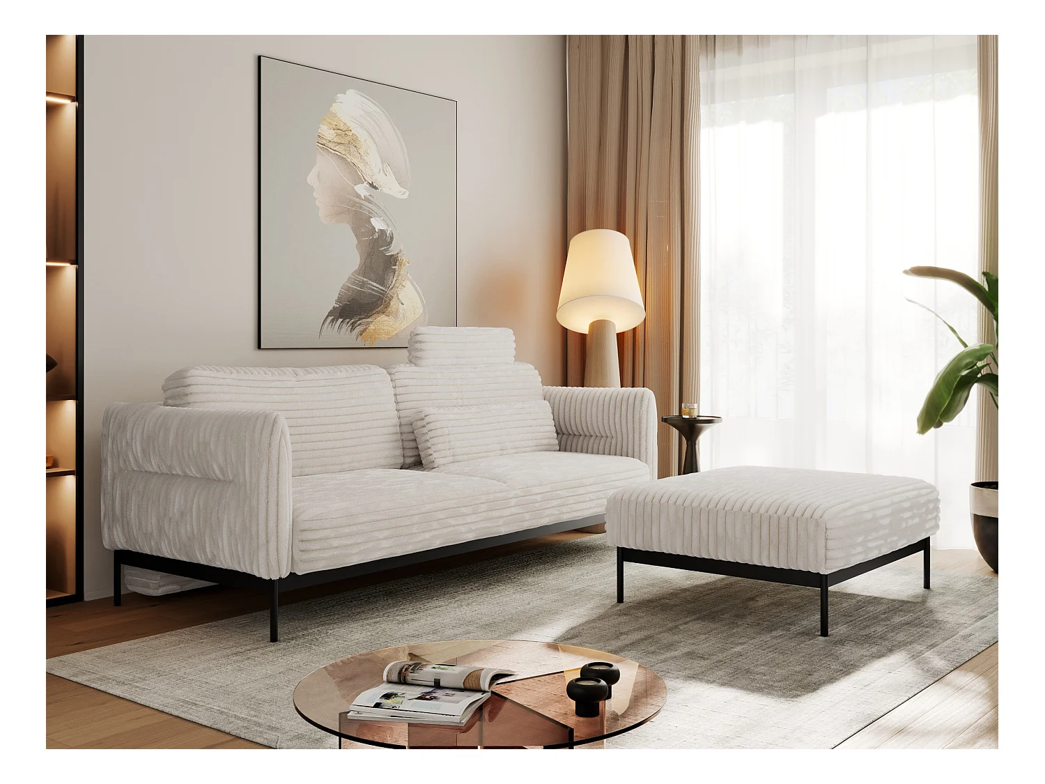 Ecksofa SALENTO - mit Metallbeine, Schlafsofa, mobilen Fußhocker, lose Kissen - Beige Cord