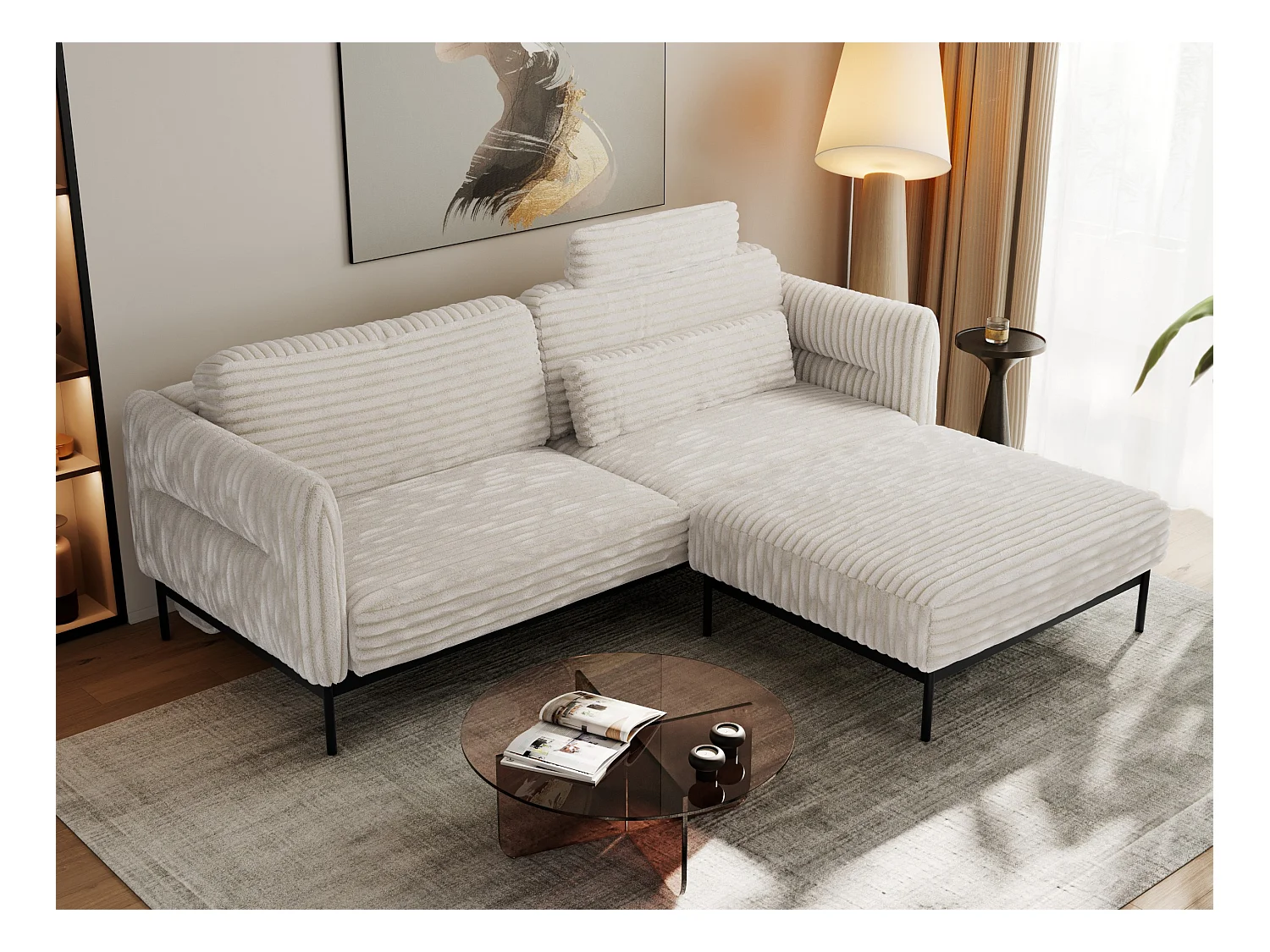 Ecksofa SALENTO - mit Metallbeine, Schlafsofa, mobilen Fußhocker, lose Kissen - Beige Cord