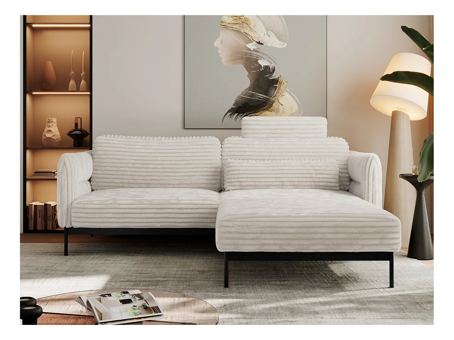 Ecksofa SALENTO - mit Metallbeine, Schlafsofa, mobilen Fußhocker, lose Kissen - Beige Cord