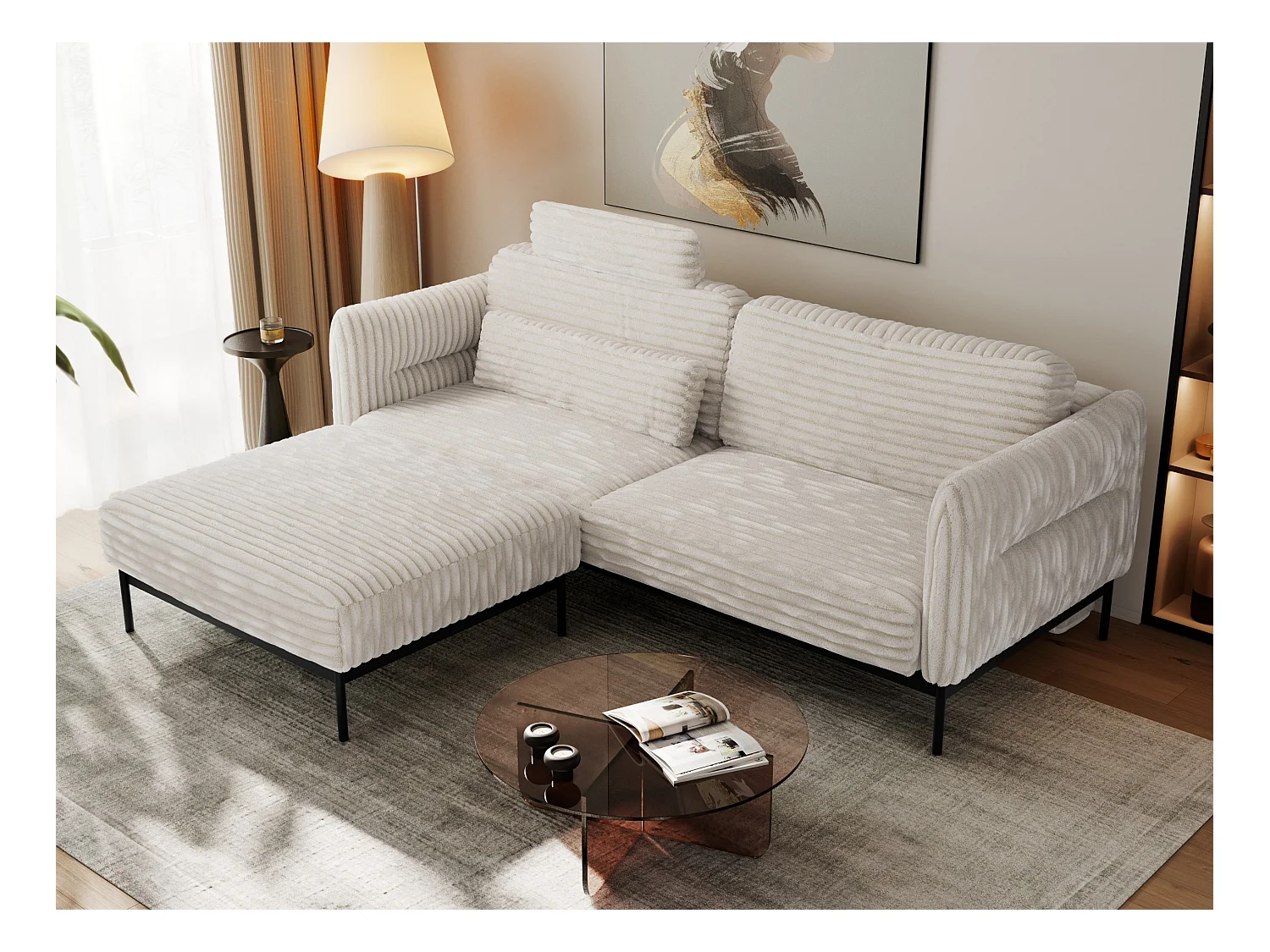 Ecksofa SALENTO - mit Metallbeine, Schlafsofa, mobilen Fußhocker, lose Kissen - Beige Cord