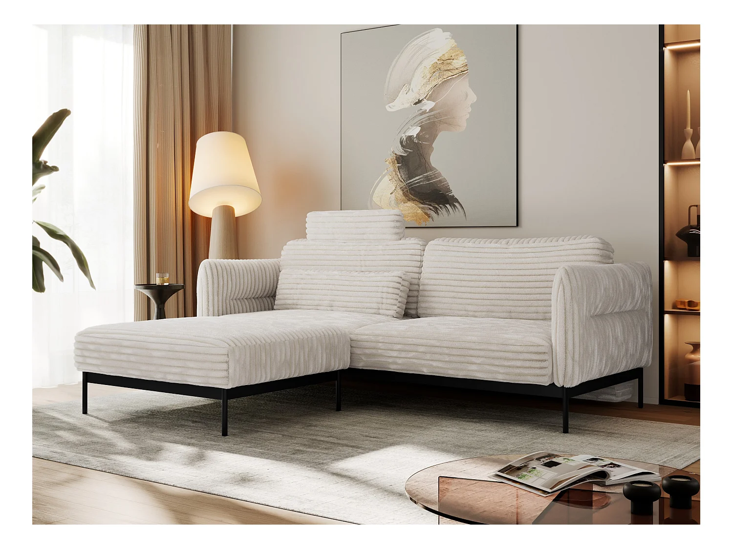 Ecksofa SALENTO - mit Metallbeine, Schlafsofa, mobilen Fußhocker, lose Kissen - Beige Cord