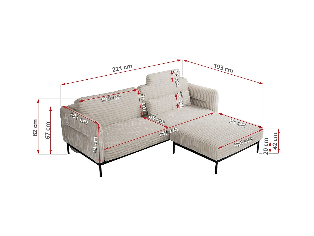 Ecksofa SALENTO - mit Metallbeine, Schlafsofa, mobilen Fußhocker, lose Kissen - Beige Cord