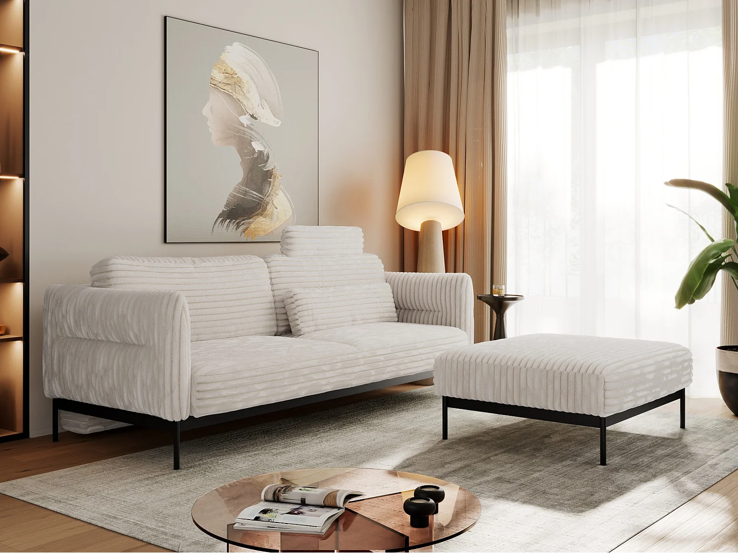 Ecksofa SALENTO - mit Metallbeine, Schlafsofa, mobilen Fußhocker, lose Kissen - Beige Cord