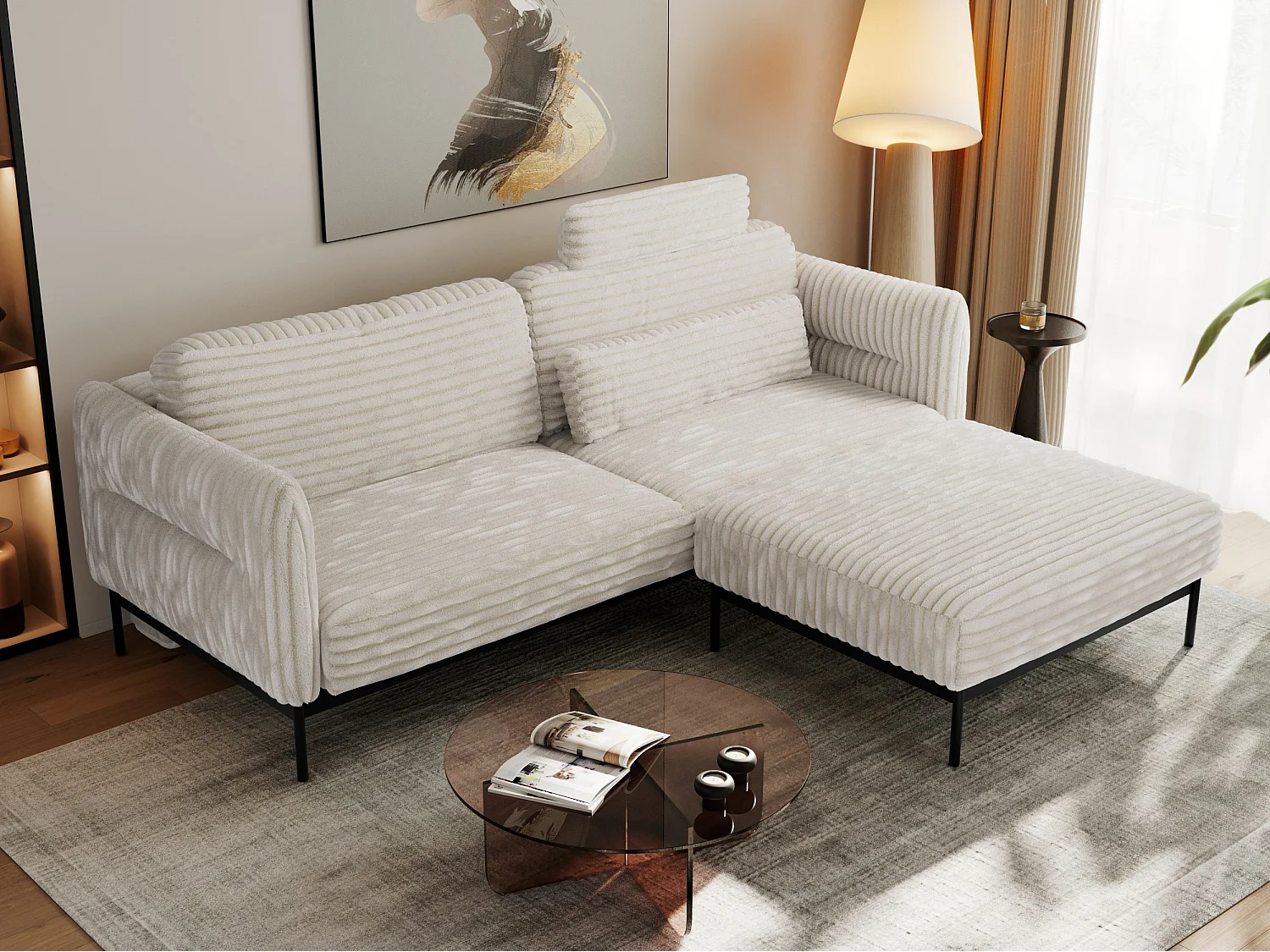 Ecksofa SALENTO - mit Metallbeine, Schlafsofa, mobilen Fußhocker, lose Kissen - Beige Cord