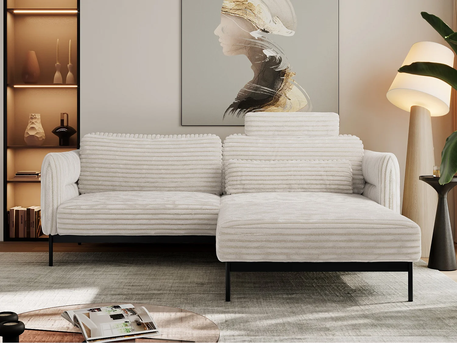 Ecksofa SALENTO - mit Metallbeine, Schlafsofa, mobilen Fußhocker, lose Kissen - Beige Cord
