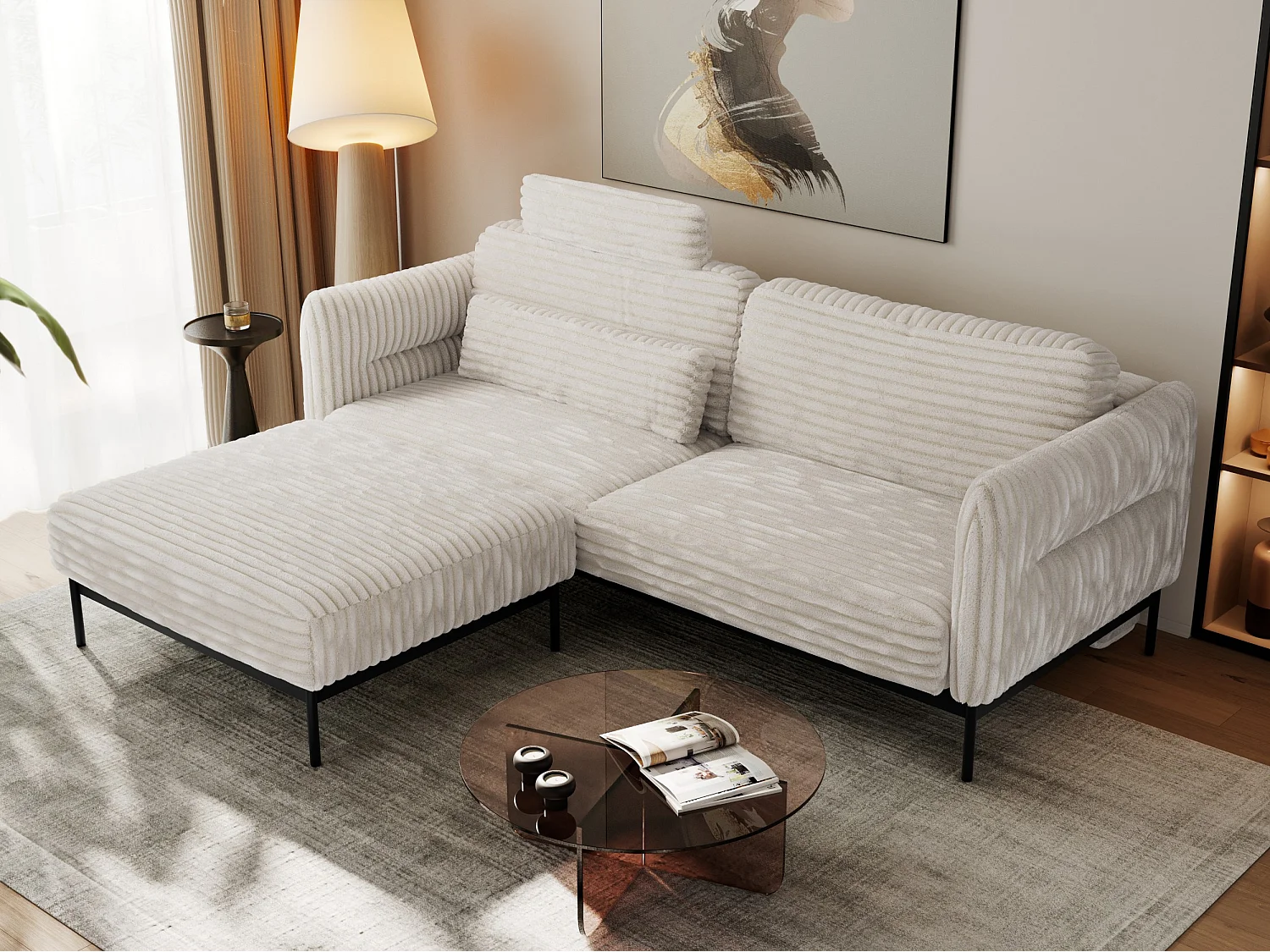 Ecksofa SALENTO - mit Metallbeine, Schlafsofa, mobilen Fußhocker, lose Kissen - Beige Cord