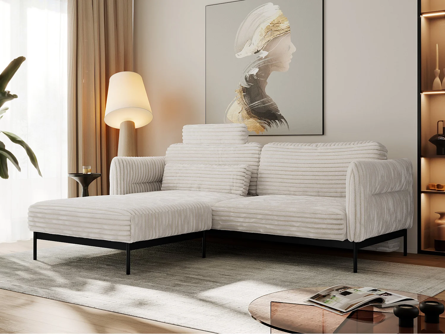 Ecksofa SALENTO - mit Metallbeine, Schlafsofa, mobilen Fußhocker, lose Kissen - Beige Cord