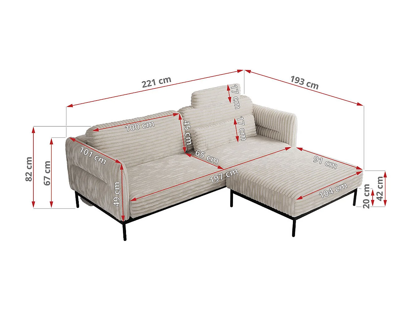 Ecksofa SALENTO - mit Metallbeine, Schlafsofa, mobilen Fußhocker, lose Kissen - Beige Cord
