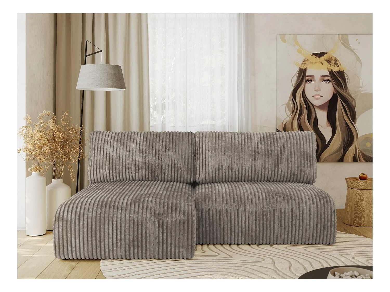 Ecksofa VIVO - L-form Couch mit Schlaffunktion und Bettkasten, Wellenfeder - Hellbraun Cord - Ecke Links