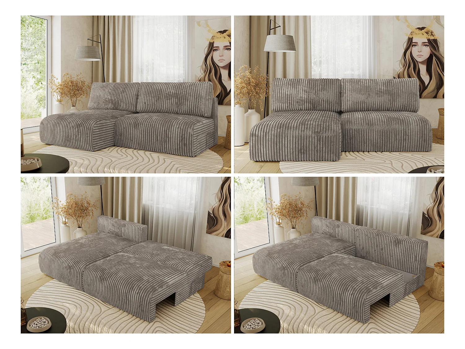 Ecksofa VIVO - L-form Couch mit Schlaffunktion und Bettkasten, Wellenfeder - Hellbraun Cord - Ecke Links