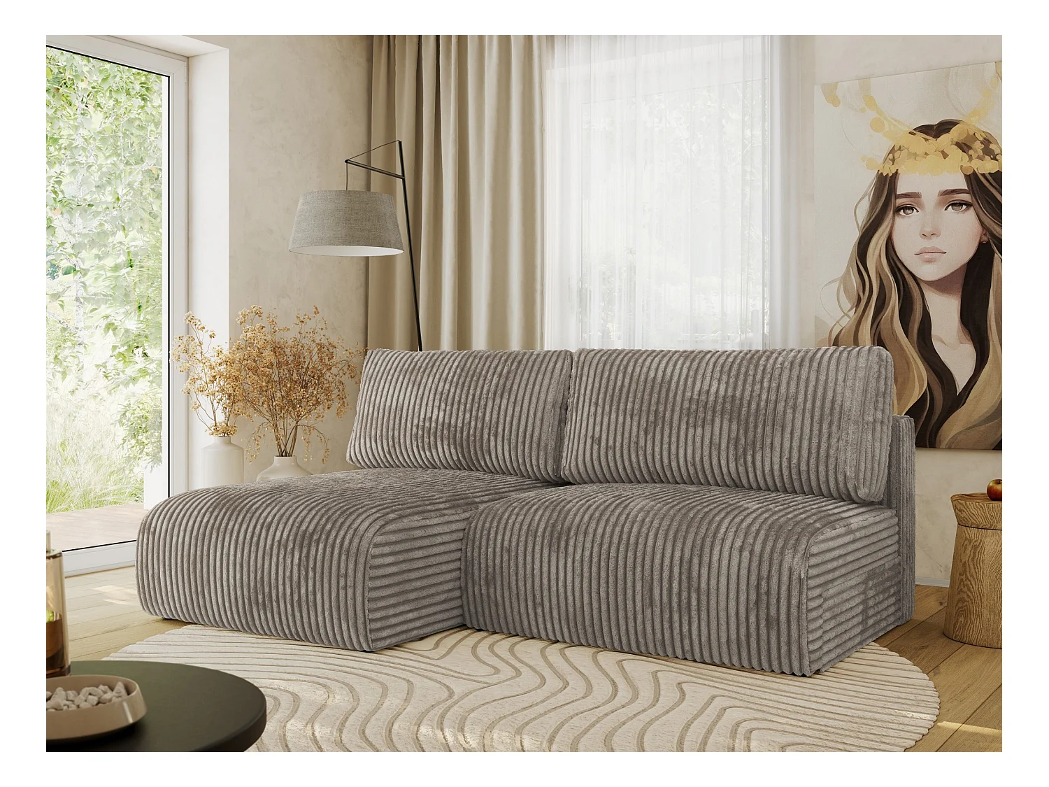 Ecksofa VIVO - L-form Couch mit Schlaffunktion und Bettkasten, Wellenfeder - Hellbraun Cord - Ecke Links