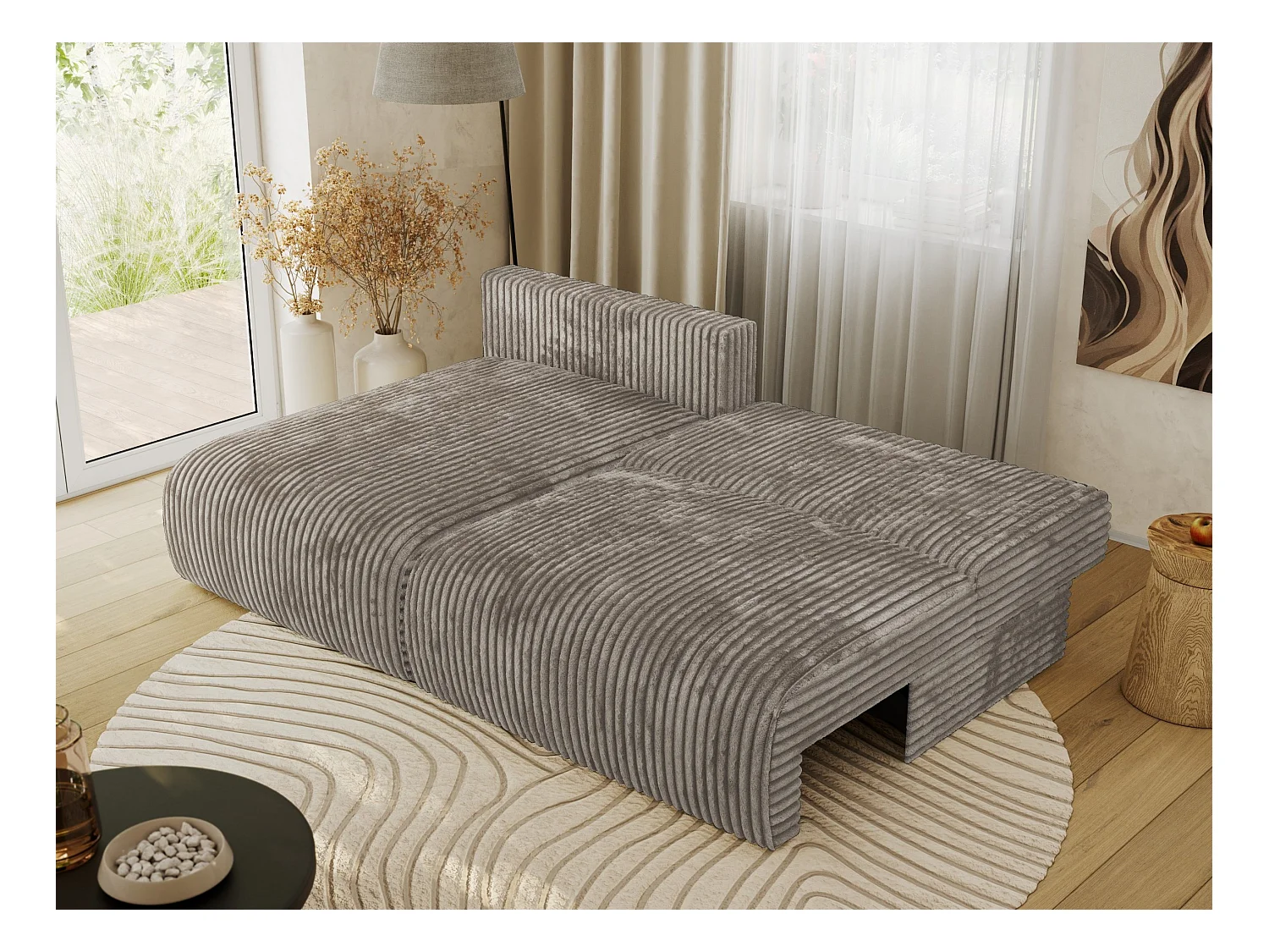 Ecksofa VIVO - L-form Couch mit Schlaffunktion und Bettkasten, Wellenfeder - Hellbraun Cord - Ecke Links