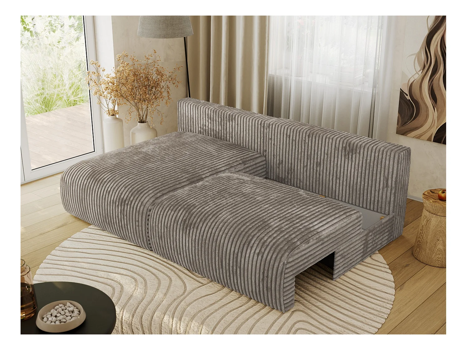 Ecksofa VIVO - L-form Couch mit Schlaffunktion und Bettkasten, Wellenfeder - Hellbraun Cord - Ecke Links