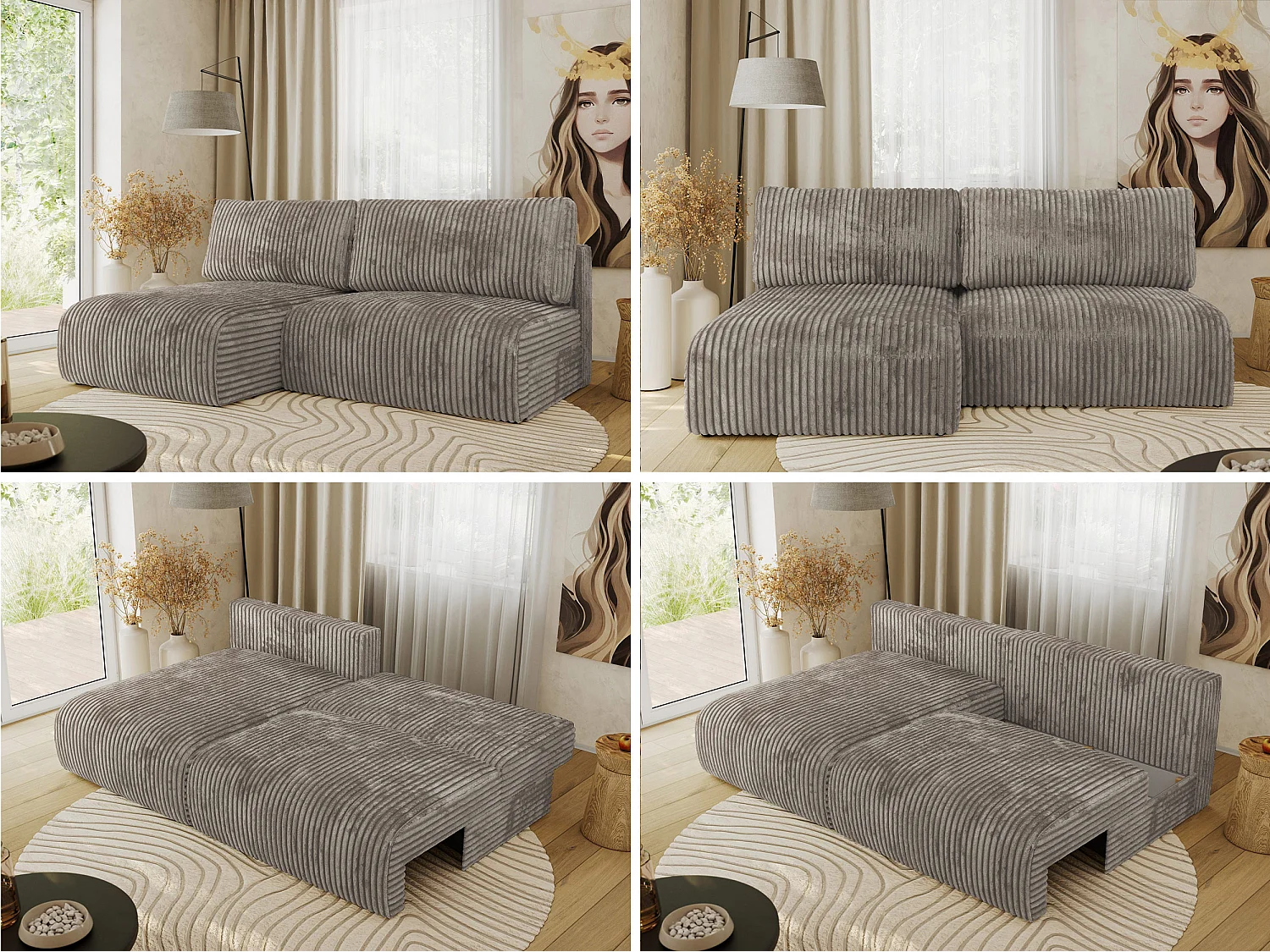 Ecksofa VIVO - L-form Couch mit Schlaffunktion und Bettkasten, Wellenfeder - Hellbraun Cord - Ecke Links