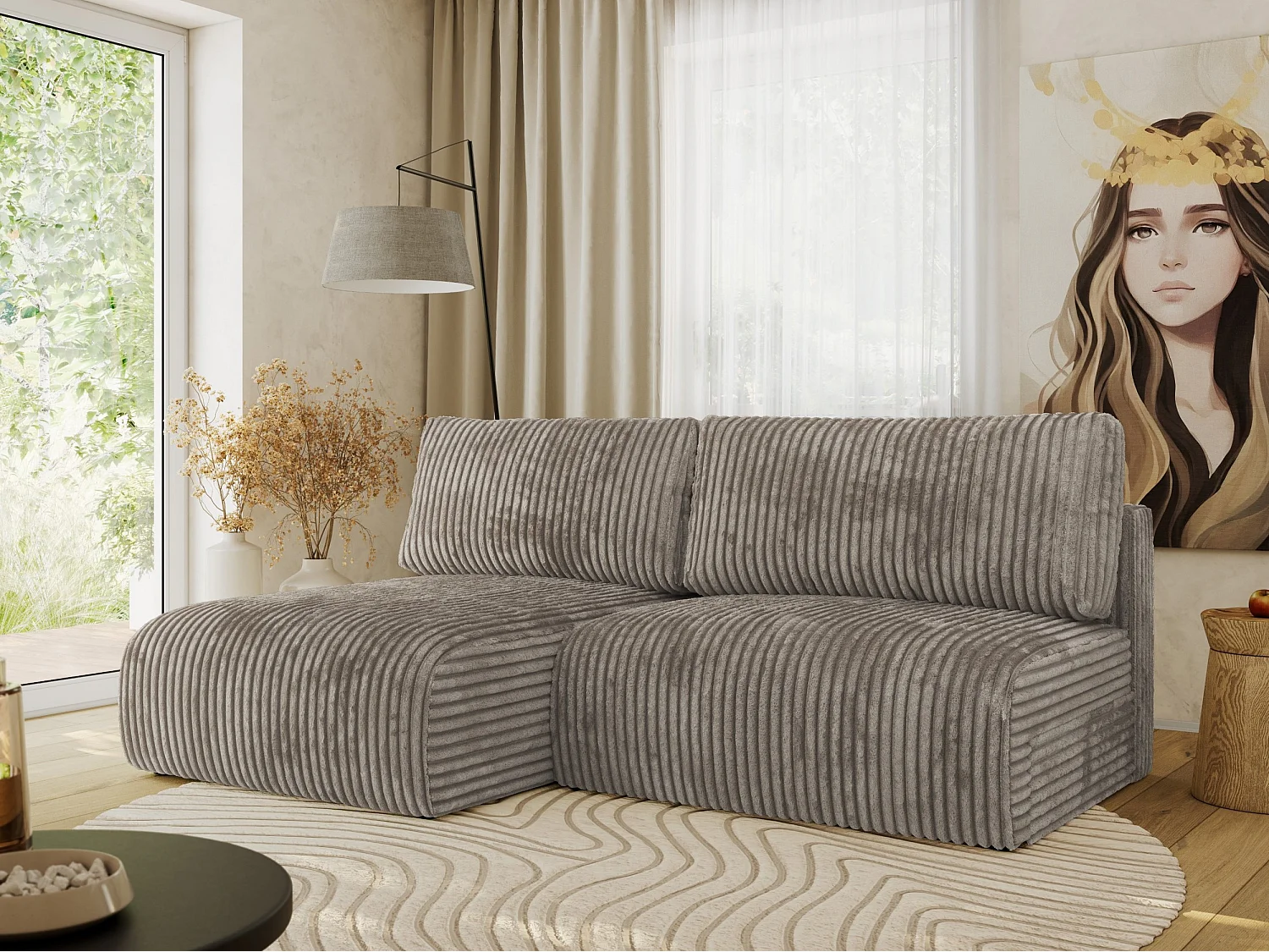 Ecksofa VIVO - L-form Couch mit Schlaffunktion und Bettkasten, Wellenfeder - Hellbraun Cord - Ecke Links