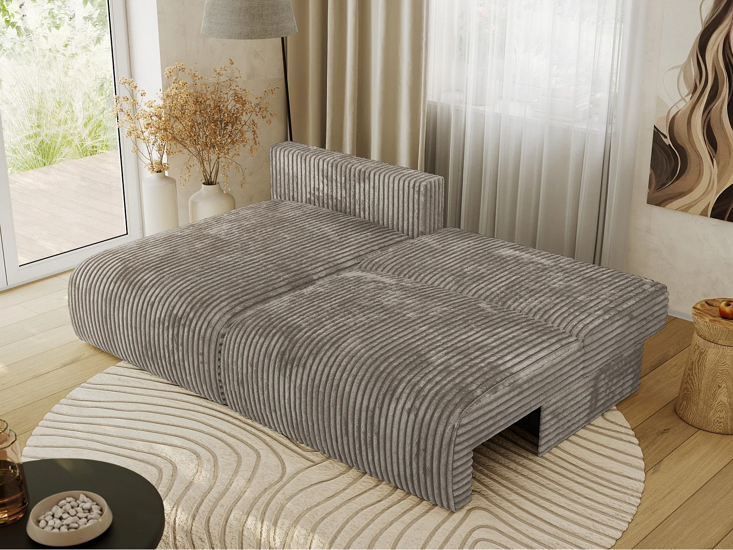 Ecksofa VIVO - L-form Couch mit Schlaffunktion und Bettkasten, Wellenfeder - Hellbraun Cord - Ecke Links