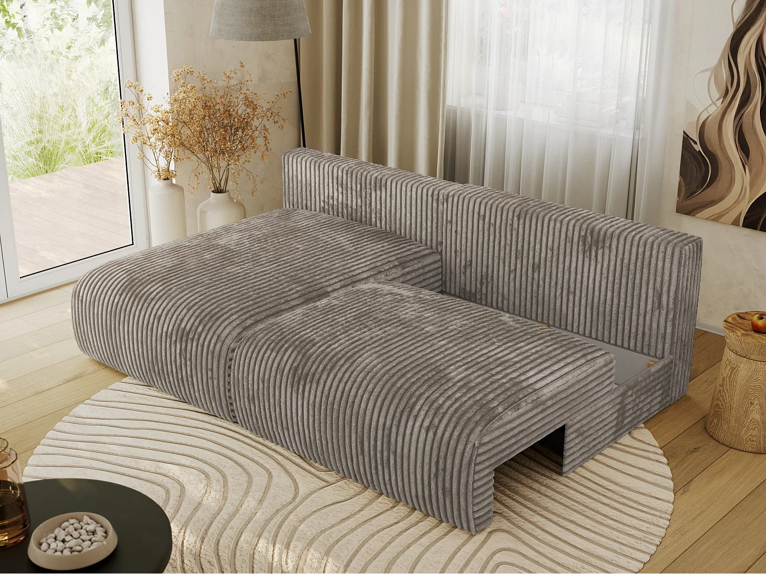 Ecksofa VIVO - L-form Couch mit Schlaffunktion und Bettkasten, Wellenfeder - Hellbraun Cord - Ecke Links