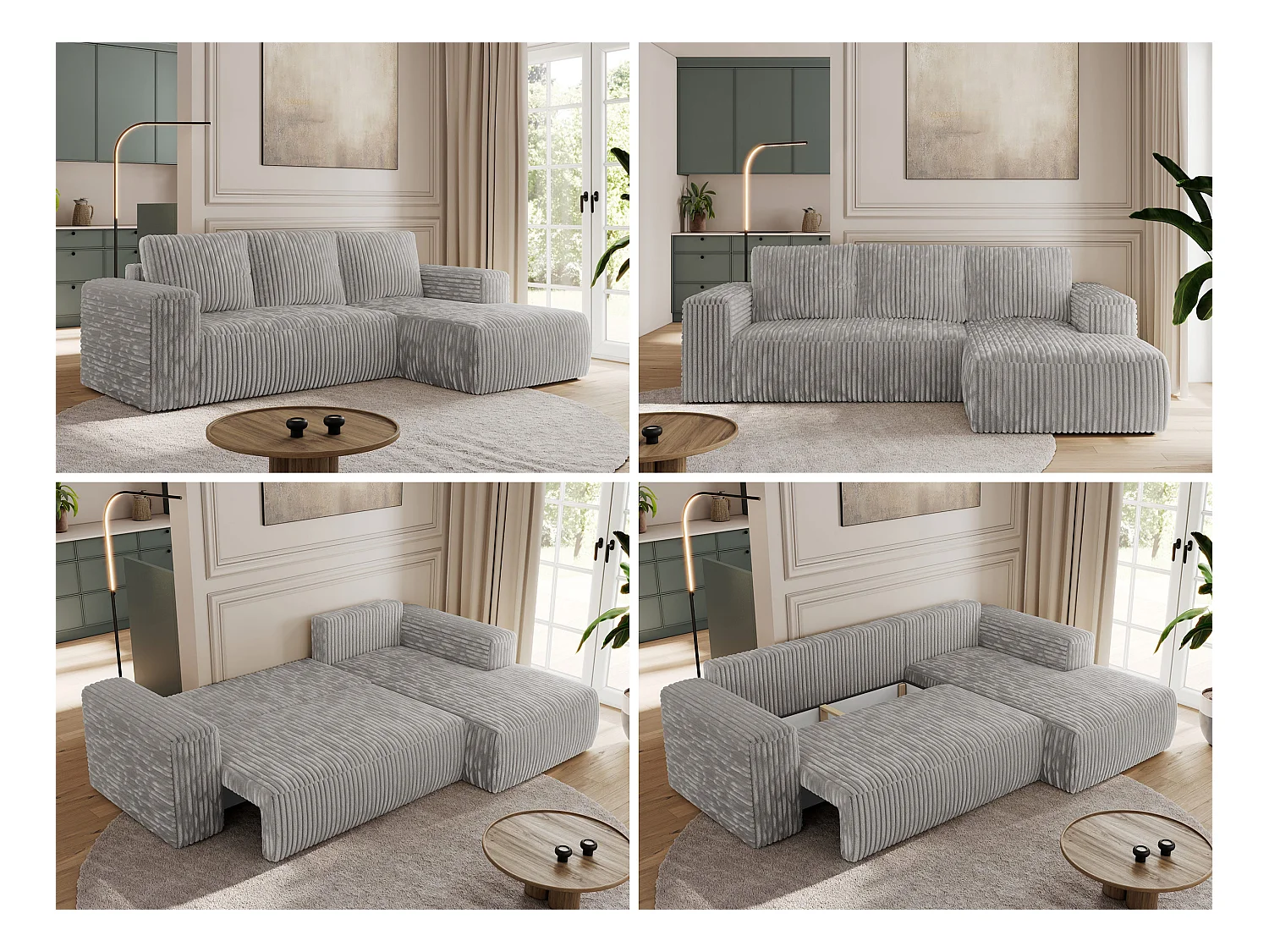 Ecksofa TRENTINO - mit Schlaffunktion und Bettkasten, L-form Couch, lose Kissen und Armlehnen - Hellgrau Cord - Ecke Rechts