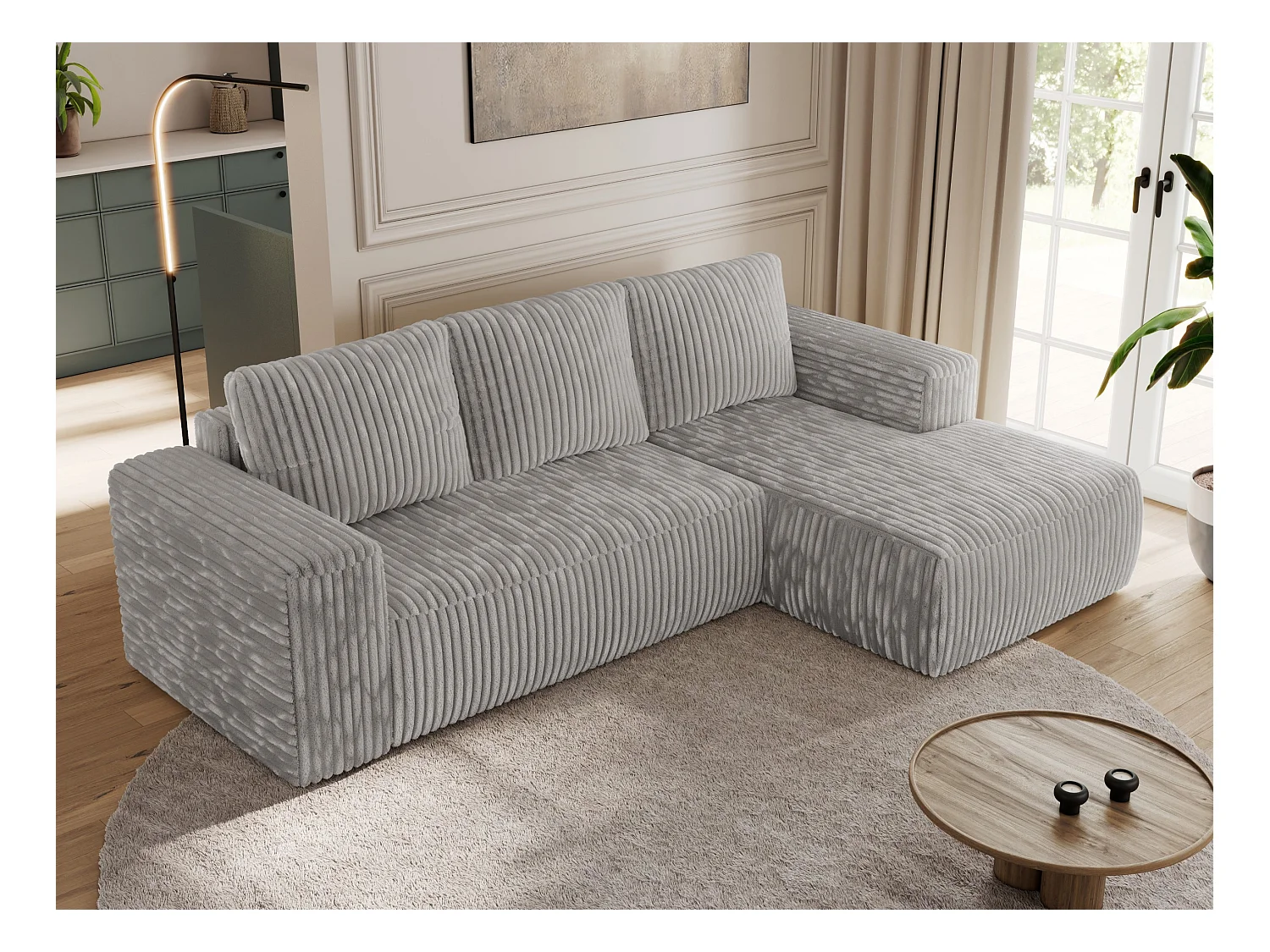 Ecksofa TRENTINO - mit Schlaffunktion und Bettkasten, L-form Couch, lose Kissen und Armlehnen - Hellgrau Cord - Ecke Rechts