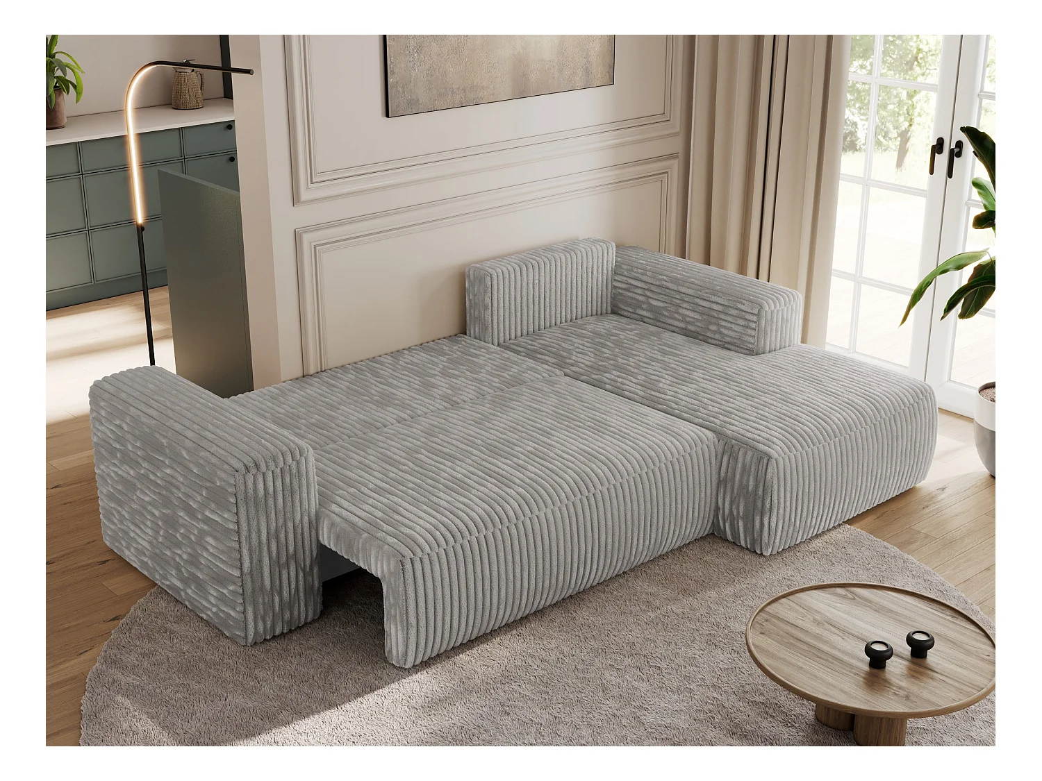 Ecksofa TRENTINO - mit Schlaffunktion und Bettkasten, L-form Couch, lose Kissen und Armlehnen - Hellgrau Cord - Ecke Rechts