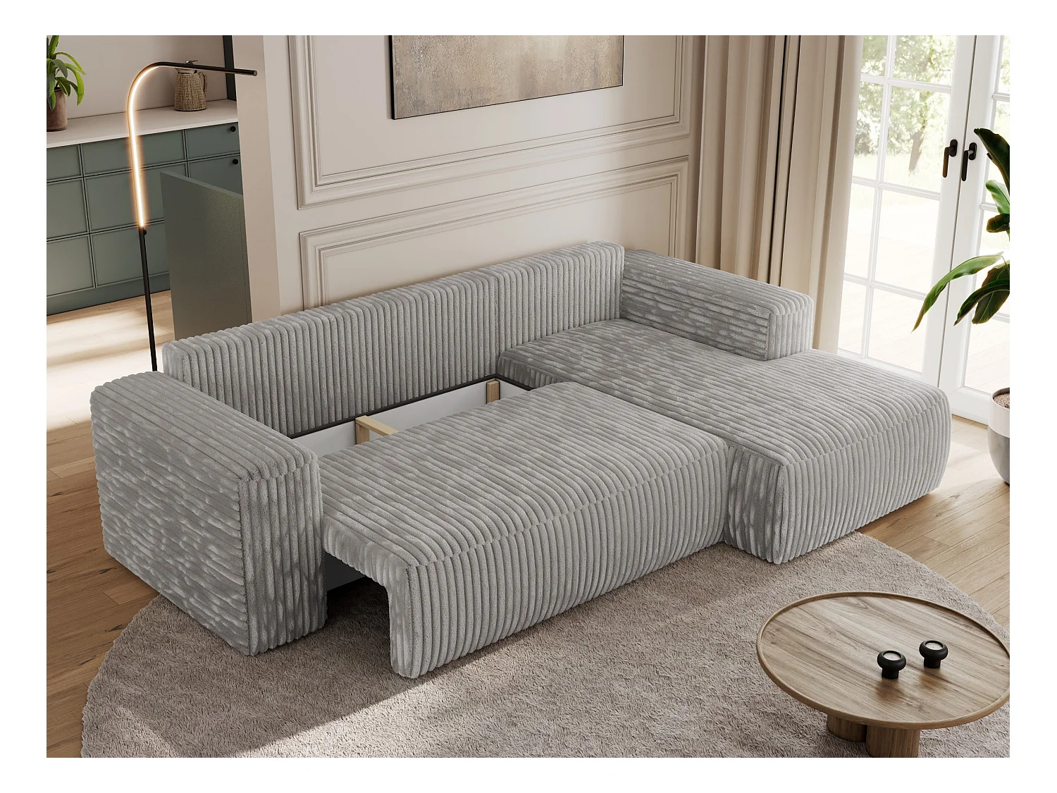 Ecksofa TRENTINO - mit Schlaffunktion und Bettkasten, L-form Couch, lose Kissen und Armlehnen - Hellgrau Cord - Ecke Rechts