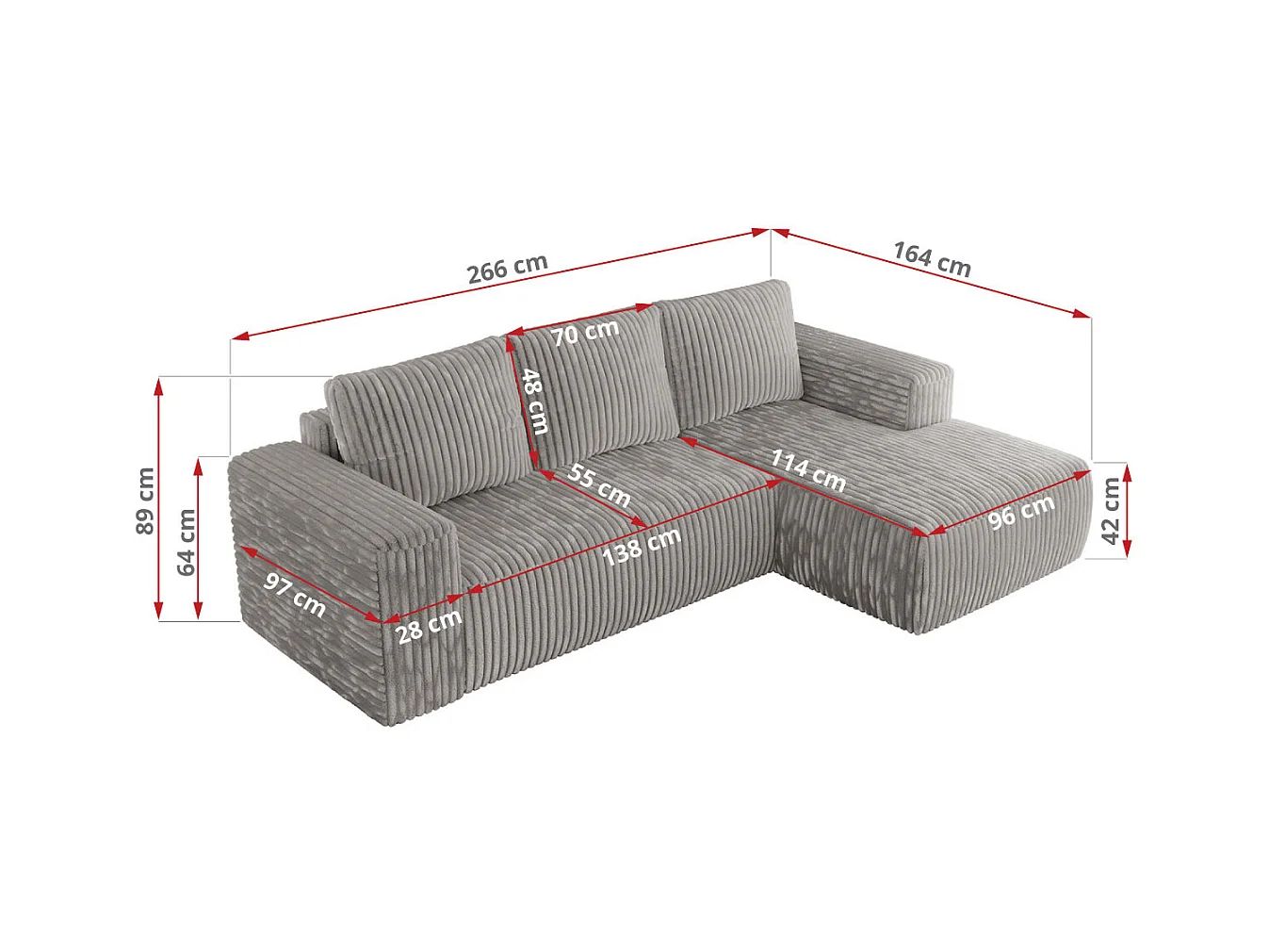 Ecksofa TRENTINO - mit Schlaffunktion und Bettkasten, L-form Couch, lose Kissen und Armlehnen - Hellgrau Cord - Ecke Rechts