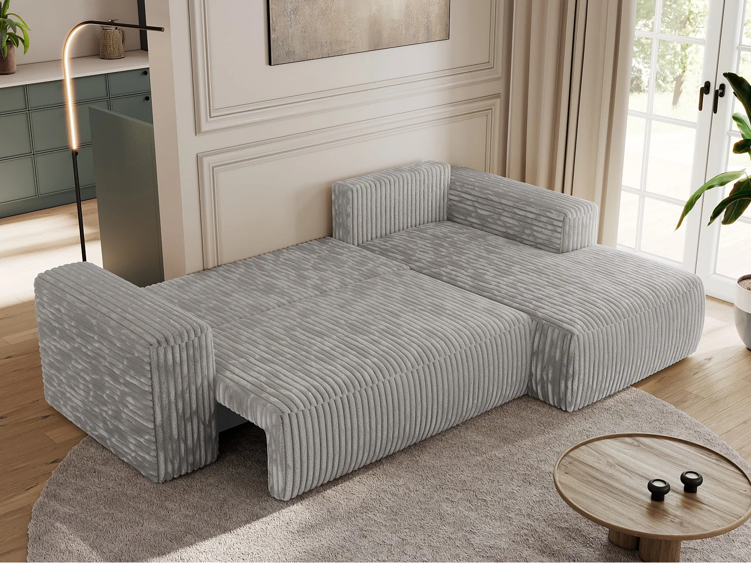 Ecksofa TRENTINO - mit Schlaffunktion und Bettkasten, L-form Couch, lose Kissen und Armlehnen - Hellgrau Cord - Ecke Rechts