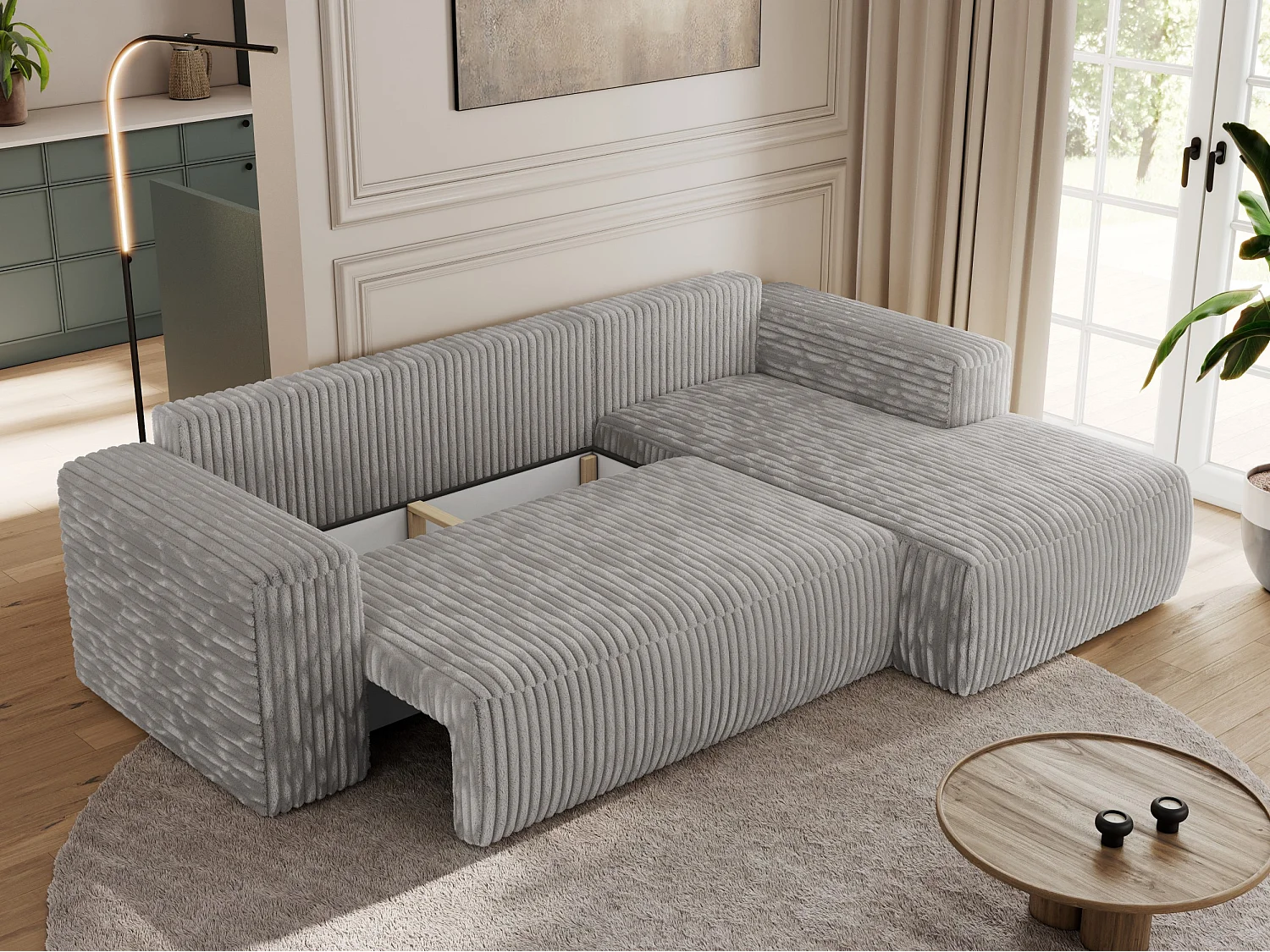 Ecksofa TRENTINO - mit Schlaffunktion und Bettkasten, L-form Couch, lose Kissen und Armlehnen - Hellgrau Cord - Ecke Rechts