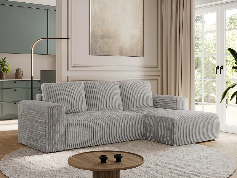 Ecksofa TRENTINO - mit Schlaffunktion und Bettkasten, L-form Couch, lose Kissen und Armlehnen - Hellgrau Cord - Ecke Rechts