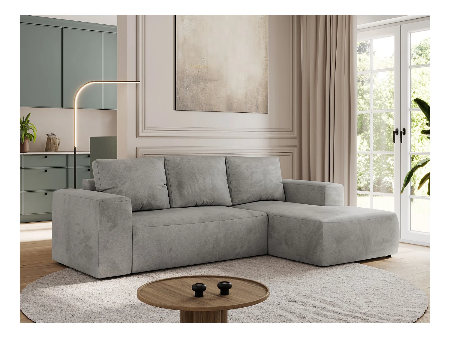 Ecksofa TRENTINO - mit Schlaffunktion und Bettkasten, L-form Couch, lose Kissen und Armlehnen - Hellgrau Velvet - Ecke Rechts