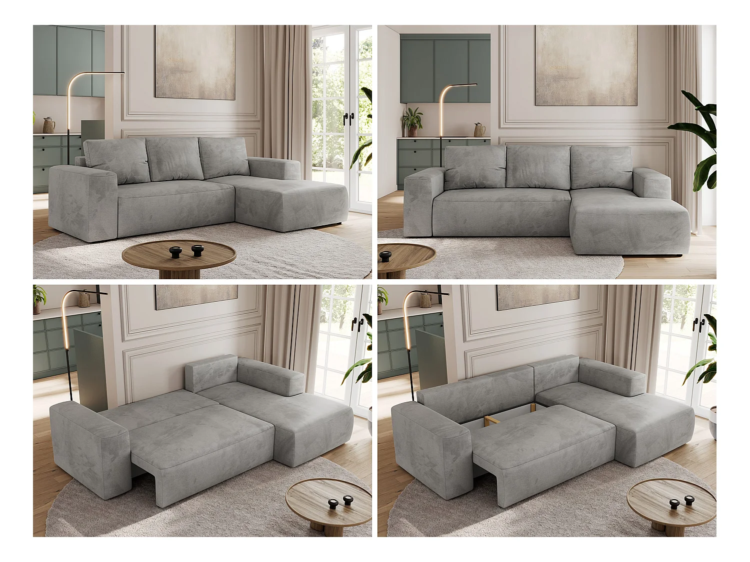 Ecksofa TRENTINO - mit Schlaffunktion und Bettkasten, L-form Couch, lose Kissen und Armlehnen - Hellgrau Velvet - Ecke Rechts