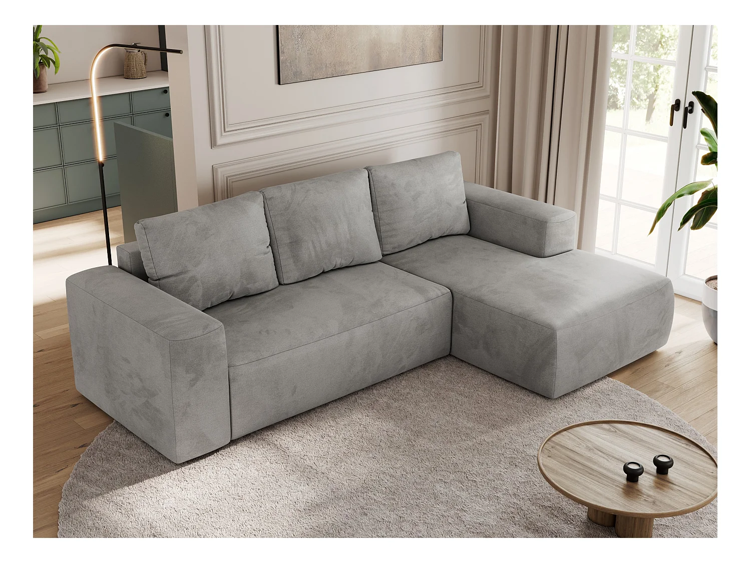 Ecksofa TRENTINO - mit Schlaffunktion und Bettkasten, L-form Couch, lose Kissen und Armlehnen - Hellgrau Velvet - Ecke Rechts